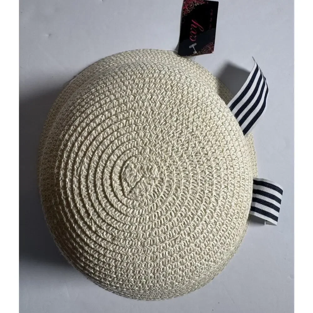 CXY Women’s Straw Sun Hat Cream Navy Striped Bow Cloche Bucket NWT